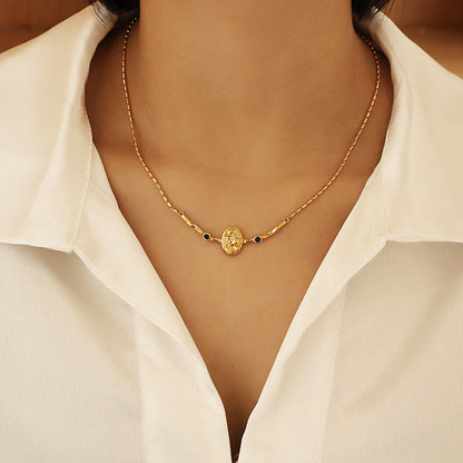 Vintage Portrait Embossed Black Zircon Necklace