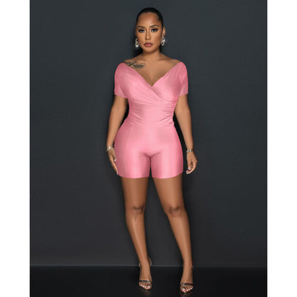 Conjunto de dos piezas de blusa y pantalón con cuello en V plisado reflectante de color liso para mujer