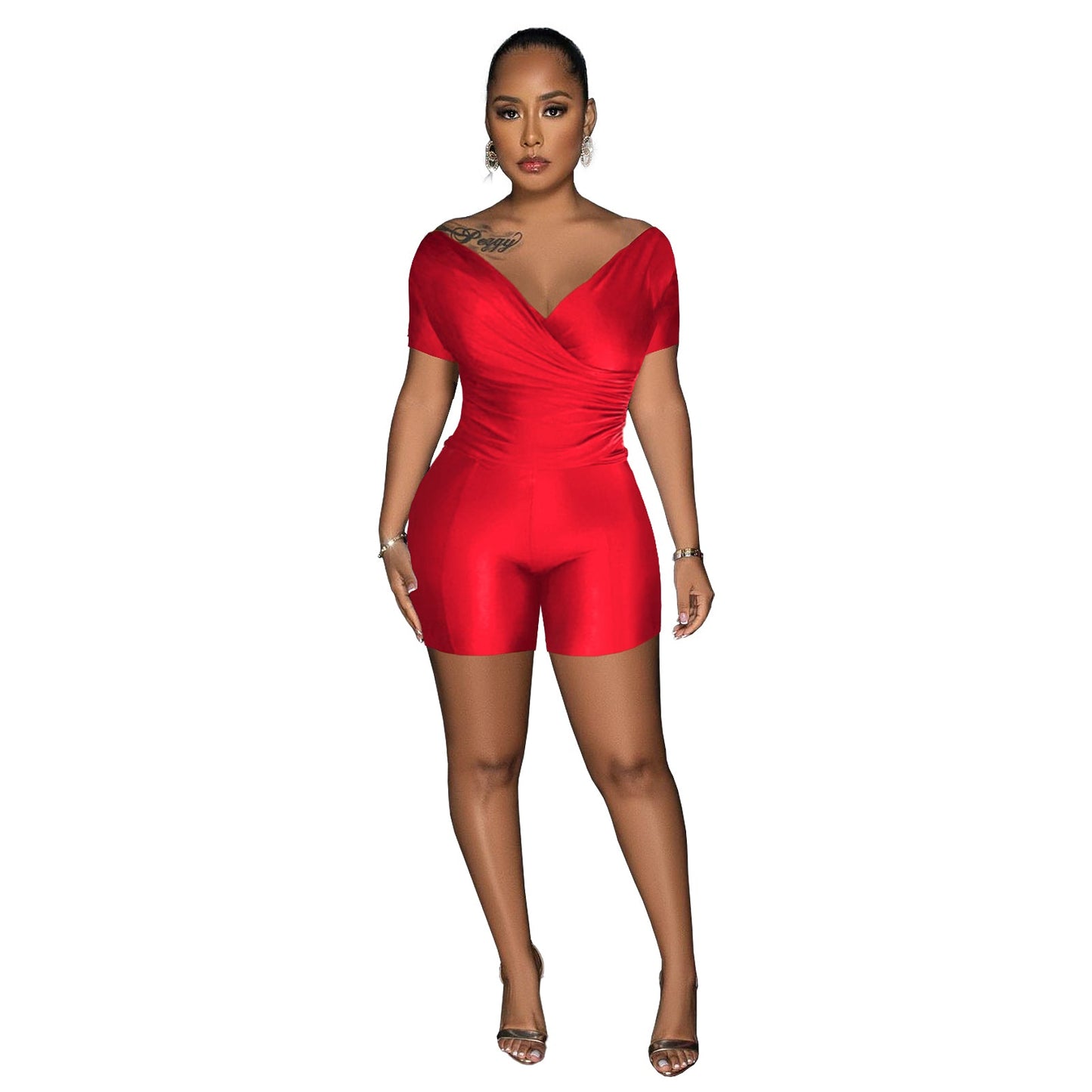 Conjunto de dos piezas de blusa y pantalón con cuello en V plisado reflectante de color liso para mujer