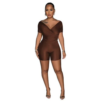 Conjunto de dos piezas de blusa y pantalón con cuello en V plisado reflectante de color liso para mujer