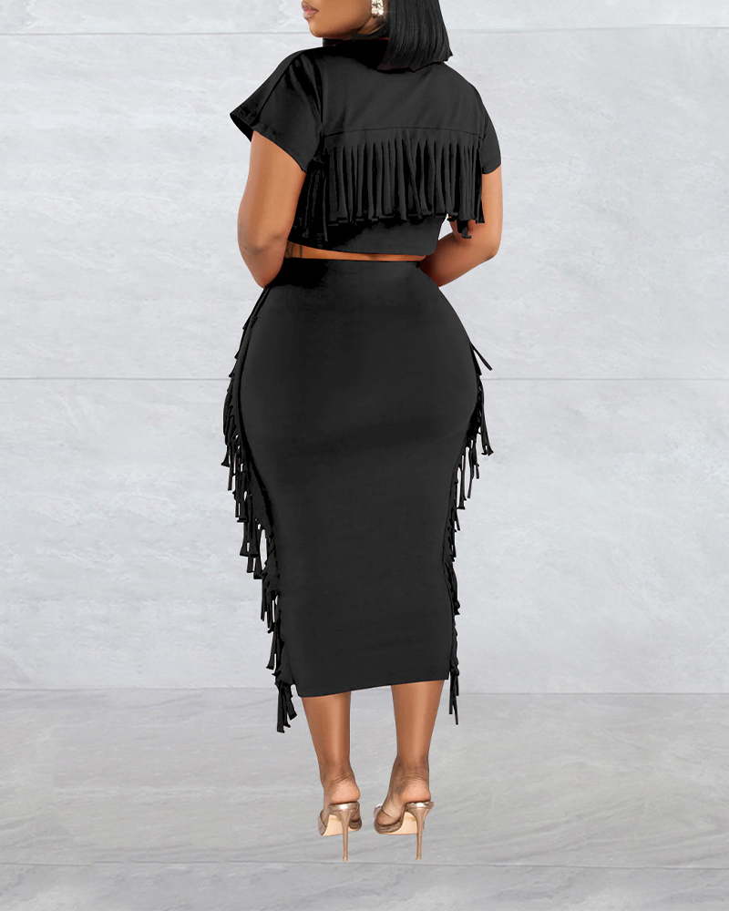 Fringed Crewneck Short-Sleeved Long Skirt Set