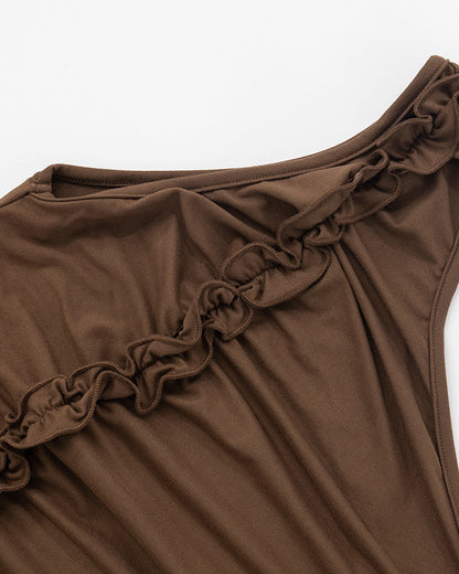 Solid Color One Shoulder Gathered Lace T-Shirt Top