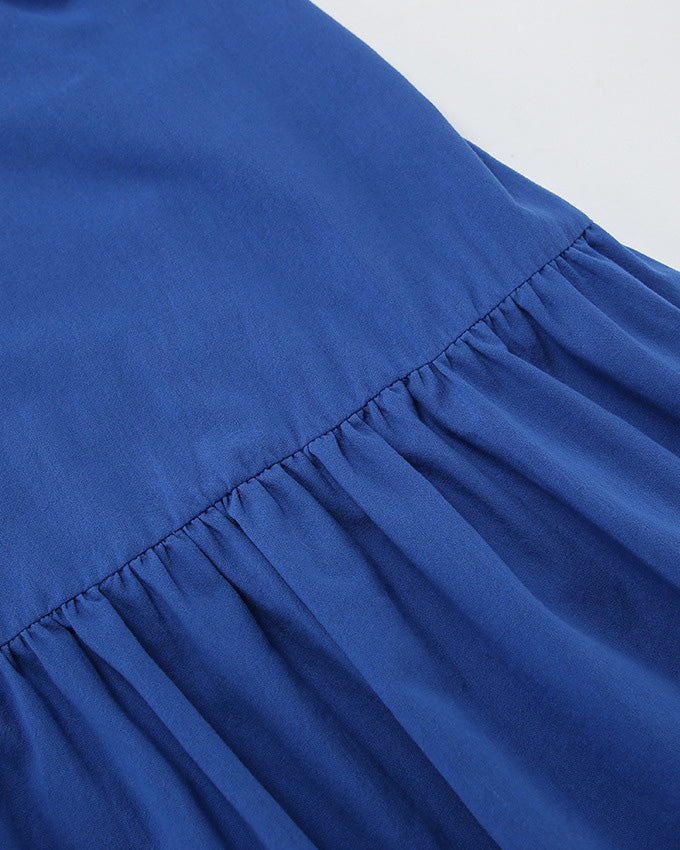 Blue Cotton and Linen V-Neck Halter Back Dress