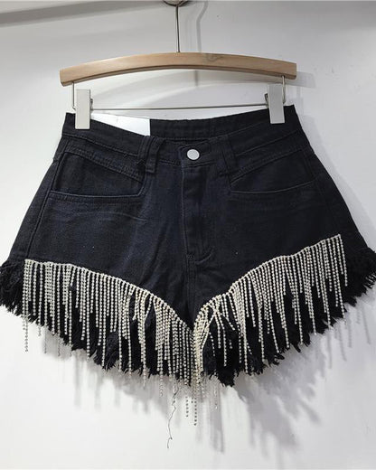 Ripped High Waist Rhinestone Tassel Chain Denim Shorts