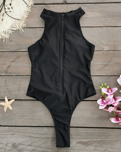 Solid Color Zipper Sleeveless Surfing One-Piece Swimsuit
