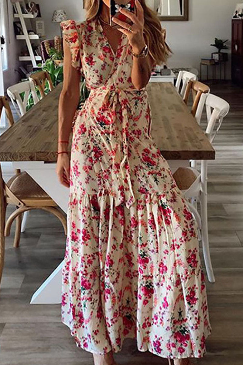 Vestido estampado de moda urbana con cuello en V y frenillo