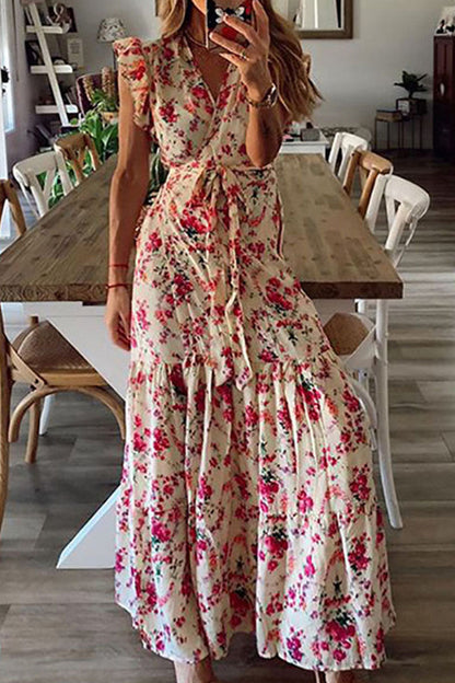 Vestido estampado de moda urbana con cuello en V y frenillo