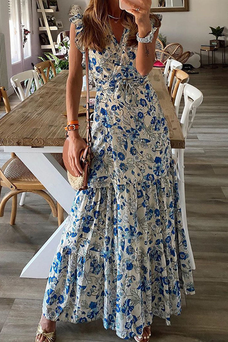 Vestido estampado de moda urbana con cuello en V y frenillo