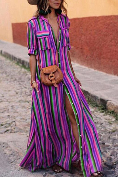 Vestido camisero de rayas con cuello vuelto (4 colores)