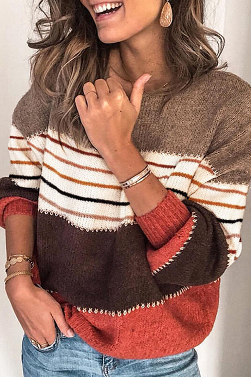 Tops de cuello redondo con patchwork a rayas de moda urbana