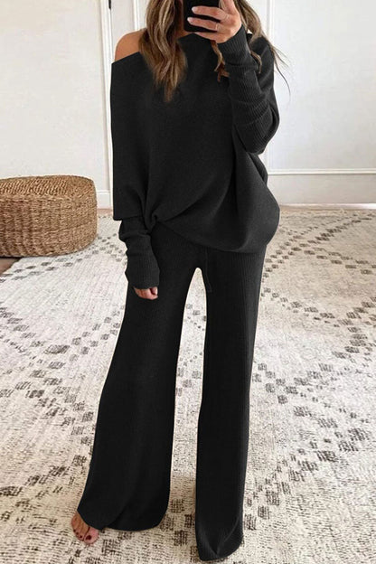 Conjunto de dos piezas de manga larga y cuello redondo liso de estilo británico (4 colores)