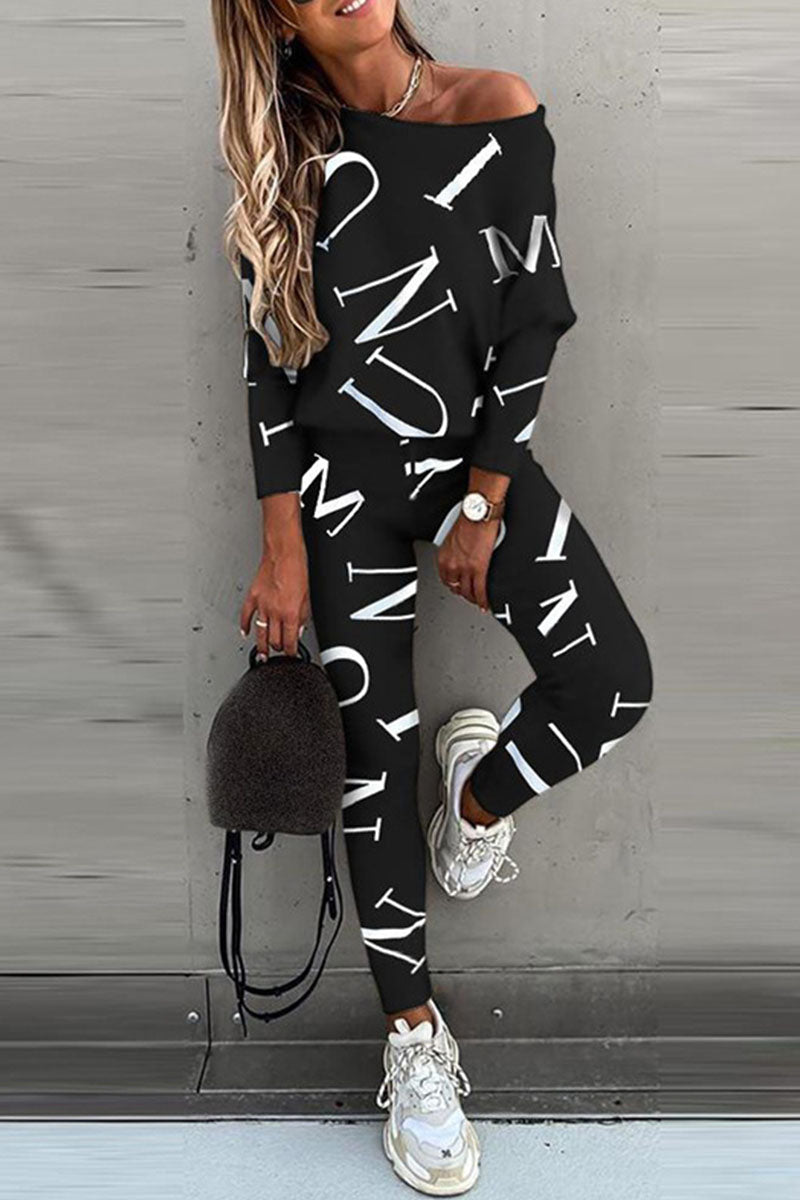 Conjunto de dos piezas de manga larga con cuello oblicuo y letras informales a la moda (5 colores)
