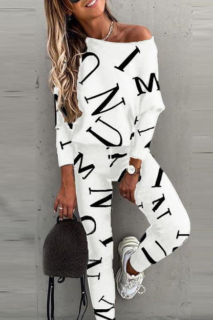 Conjunto de dos piezas de manga larga con cuello oblicuo y letras informales a la moda (5 colores)