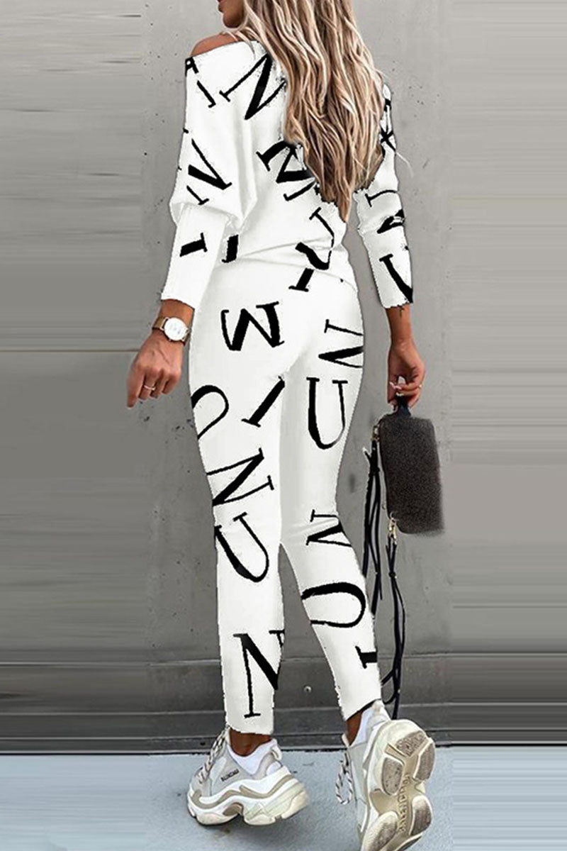 Conjunto de dos piezas de manga larga con cuello oblicuo y letras informales a la moda (5 colores)