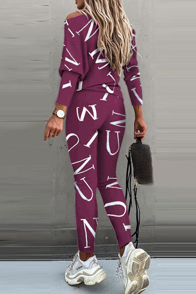 Conjunto de dos piezas de manga larga con cuello oblicuo y letras informales a la moda (5 colores)