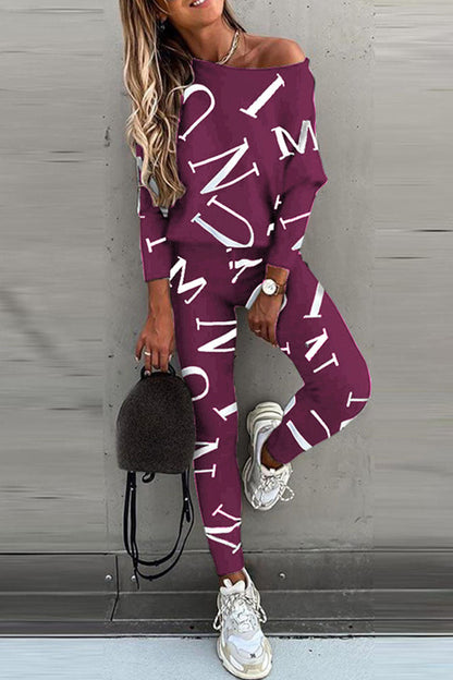 Conjunto de dos piezas de manga larga con cuello oblicuo y letras informales a la moda (5 colores)