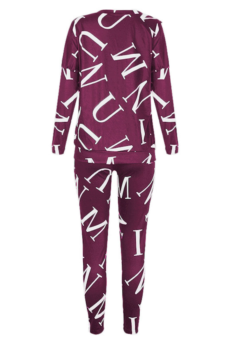 Conjunto de dos piezas de manga larga con cuello oblicuo y letras informales a la moda (5 colores)