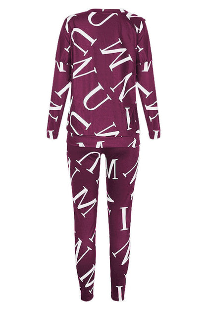 Conjunto de dos piezas de manga larga con cuello oblicuo y letras informales a la moda (5 colores)