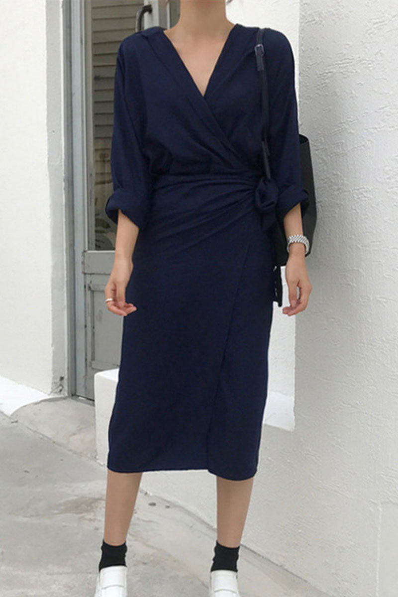 Vestido de calle liso con cuello en V, estilo vendaje, patchwork, irregular (3 colores)