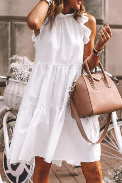 Vestidos de moda con cuello redondo, línea A, con volantes y patchwork liso (5 colores)