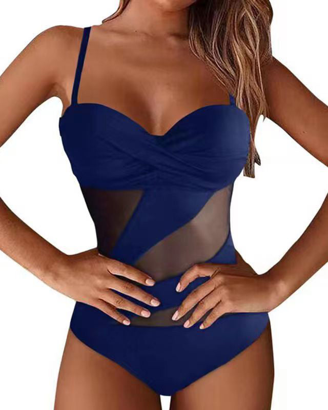 Mesh Stitching Hollow One-Piece Bikini Swimsuit