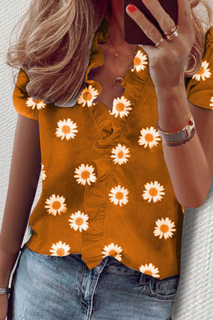 Tops con cuello en V y volantes con estampado diario (10 colores)