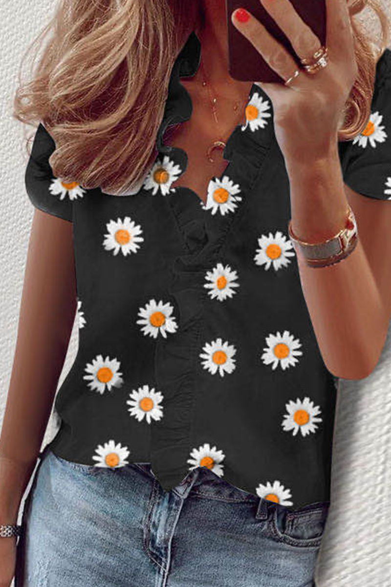 Tops con cuello en V y volantes con estampado diario (10 colores)