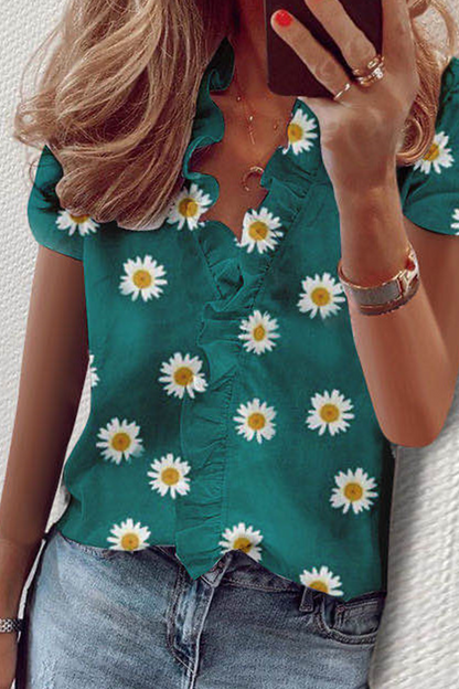 Tops con cuello en V y volantes con estampado diario (10 colores)