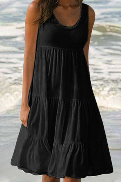 Vestidos de moda con falda pastel, cuello redondo y patchwork liso (6 colores)