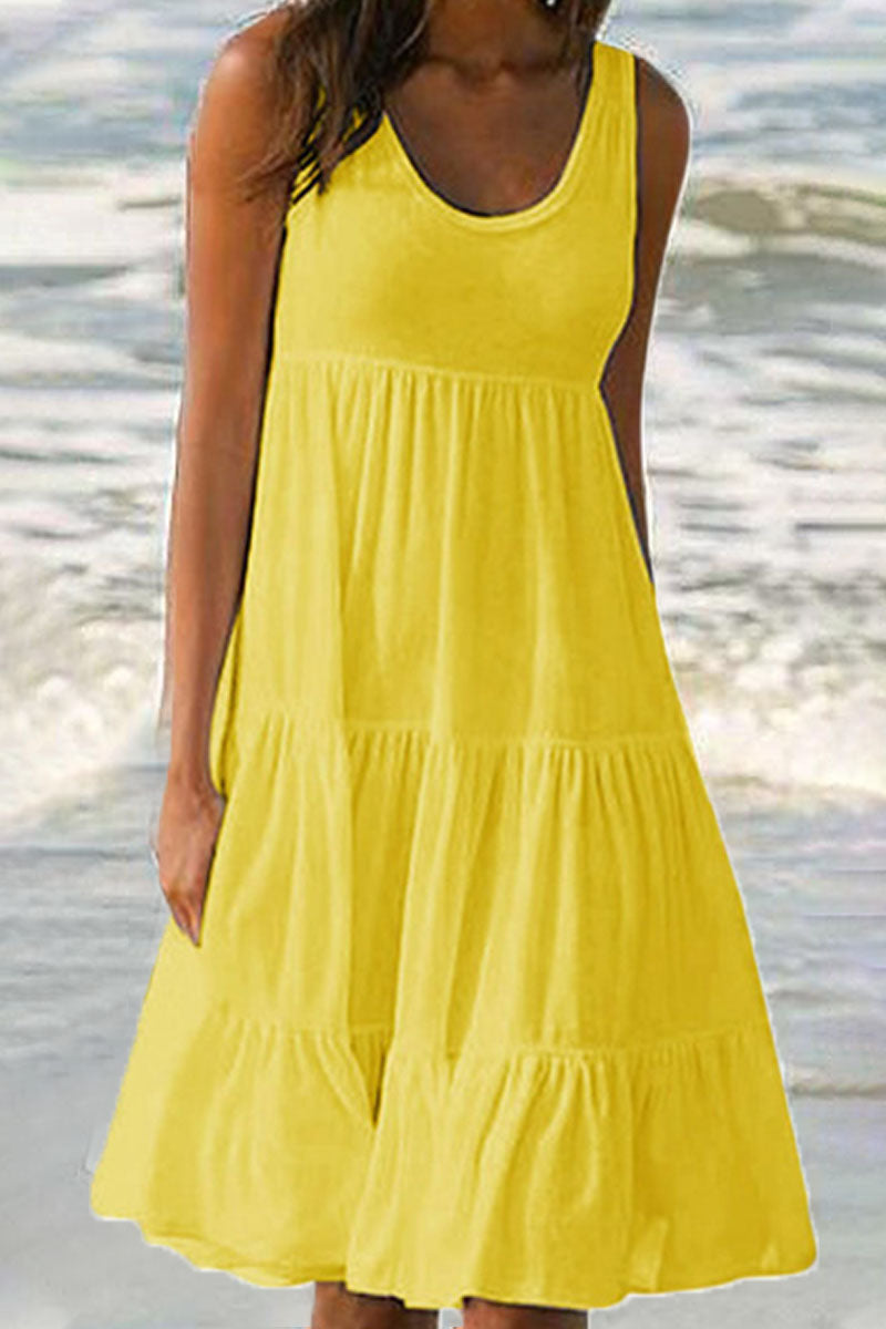 Vestidos de moda con falda pastel, cuello redondo y patchwork liso (6 colores)