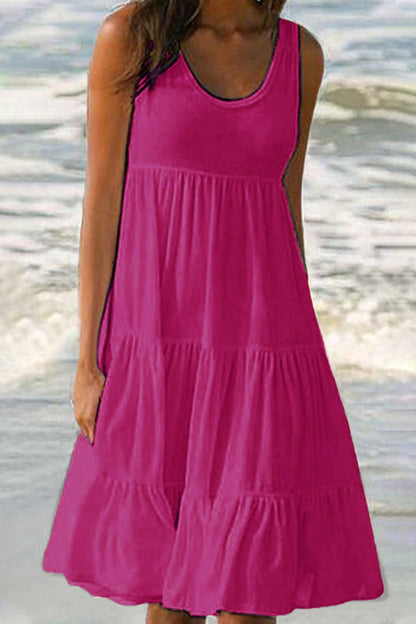 Vestidos de moda con falda pastel, cuello redondo y patchwork liso (6 colores)