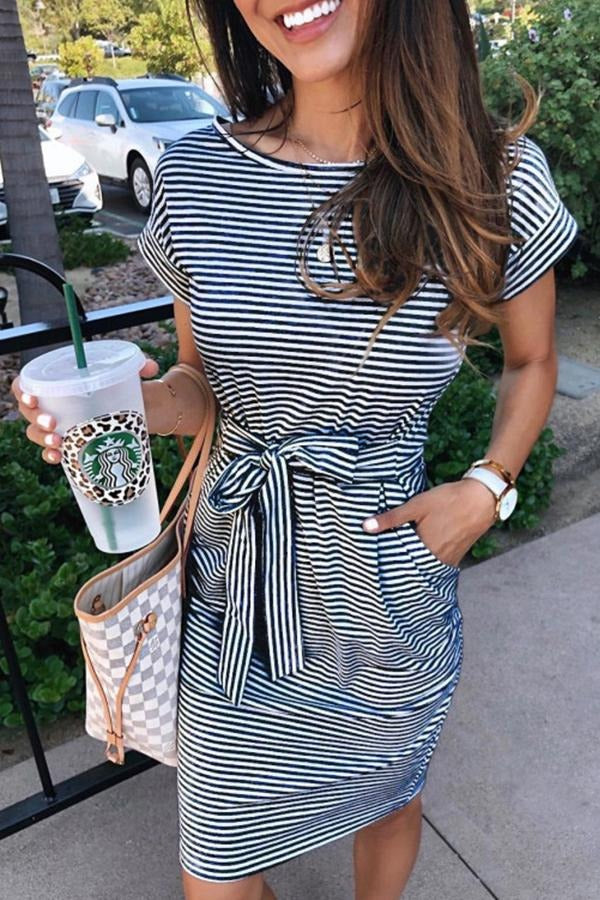 Vestidos de patchwork a rayas, con mangas cortas, cuello redondo, corte A y largo hasta la rodilla (3 colores)