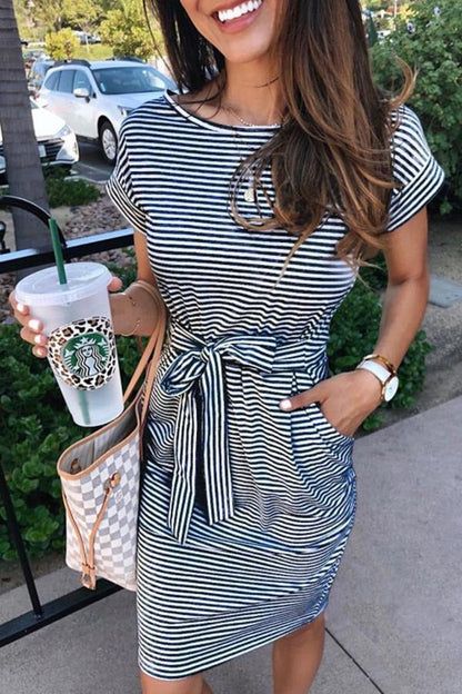 Vestidos de patchwork a rayas, con mangas cortas, cuello redondo, corte A y largo hasta la rodilla (3 colores)