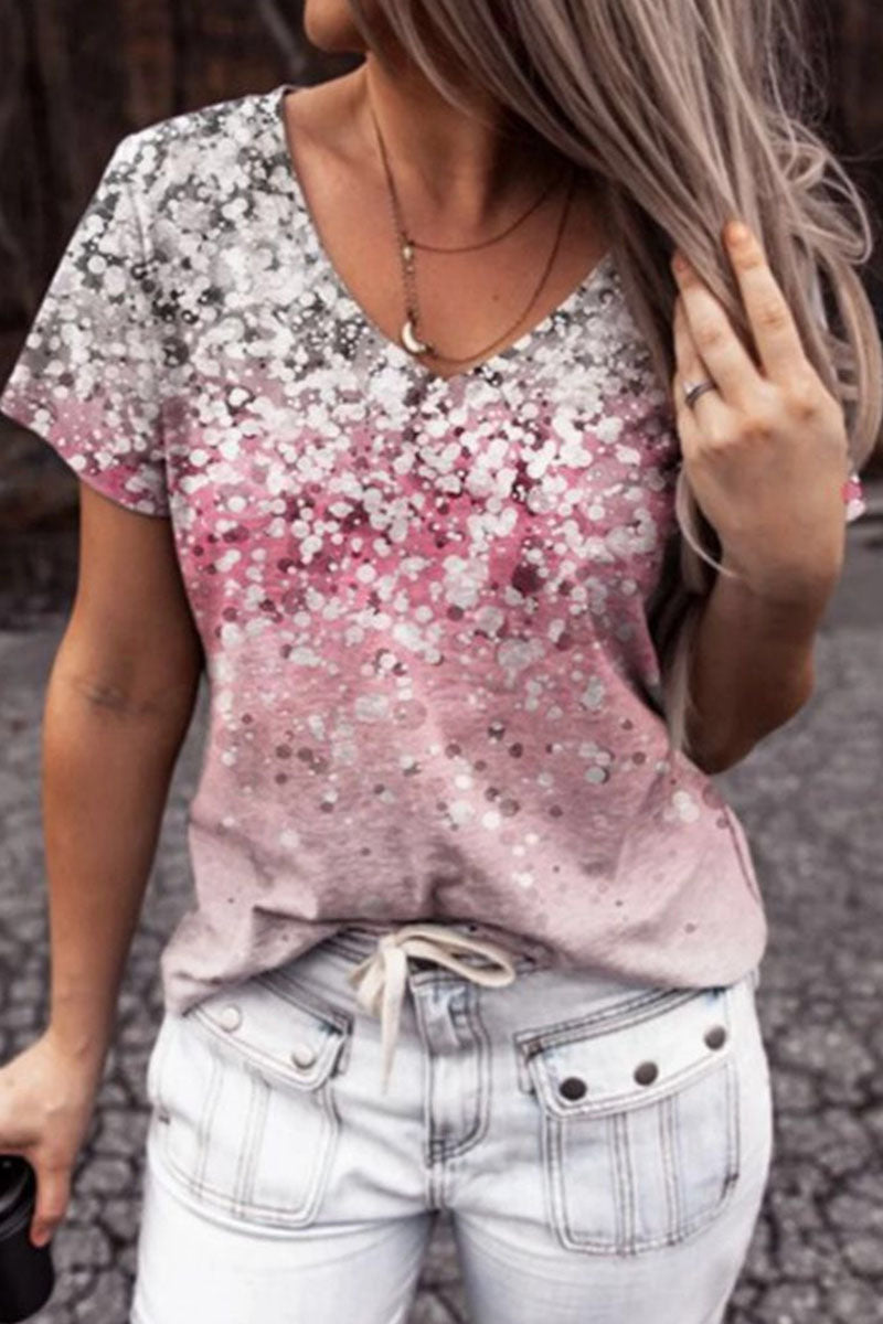 Camisetas casuales de moda con cuello en V y estampado