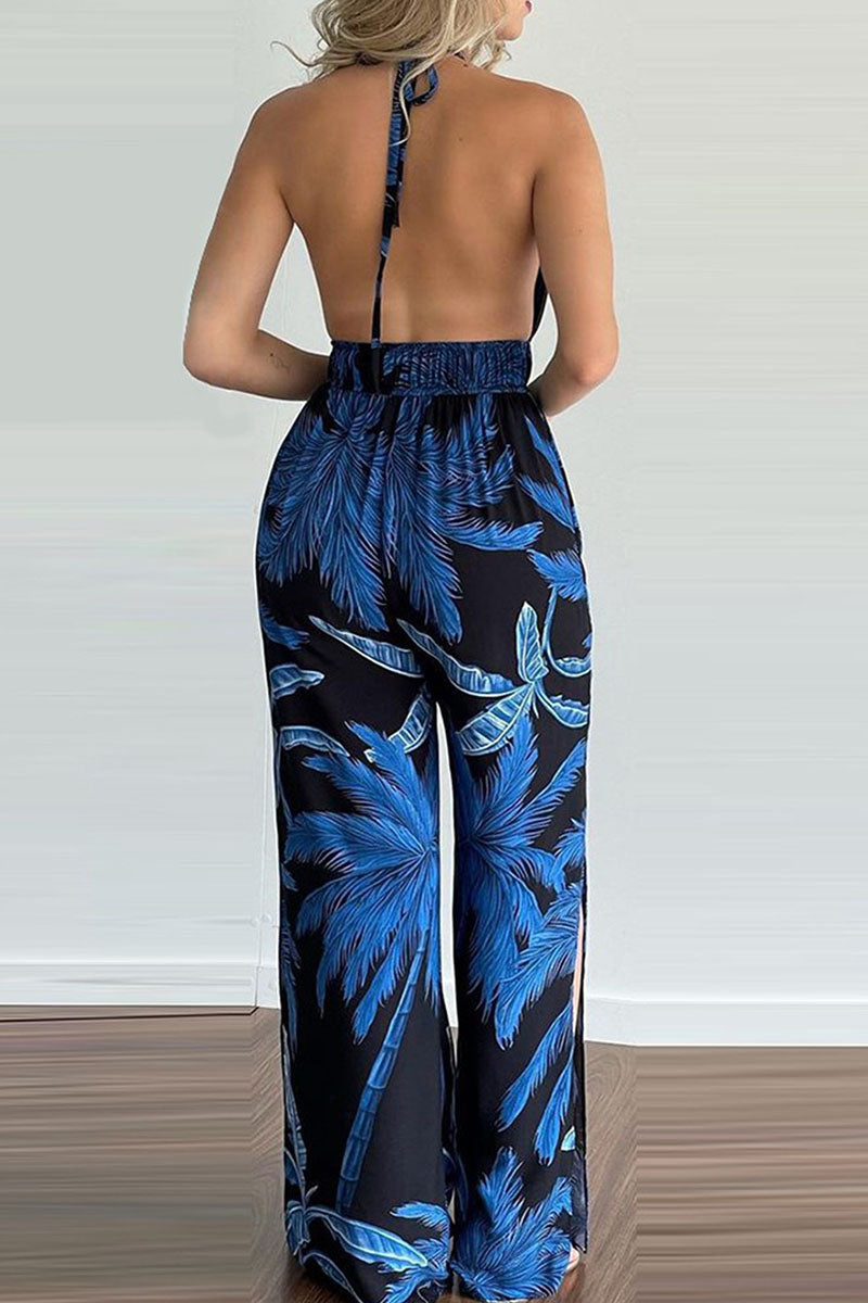 Mono holgado con escote en V y espalda descubierta con estampado de simplicidad de moda