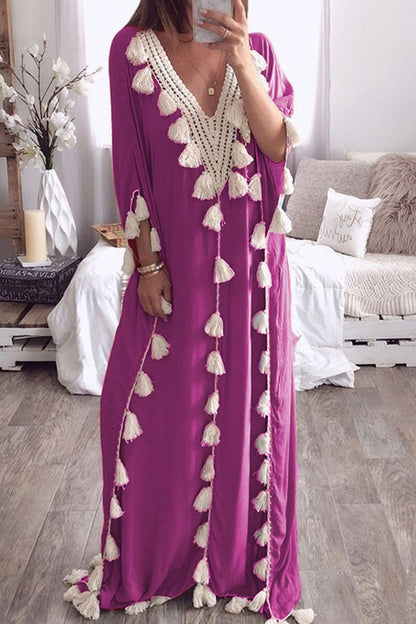 Vestidos rectos de cuello en V con borlas lisas y patchwork de moda urbana (8 colores)