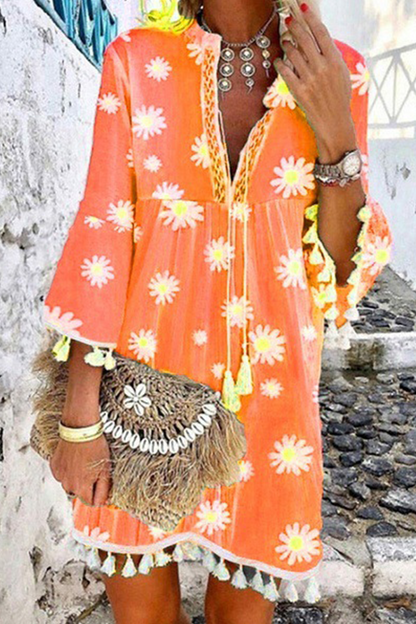 Elegante vestido de corte A con cuello en V, borlas y diseño floral de patchwork (5 colores)