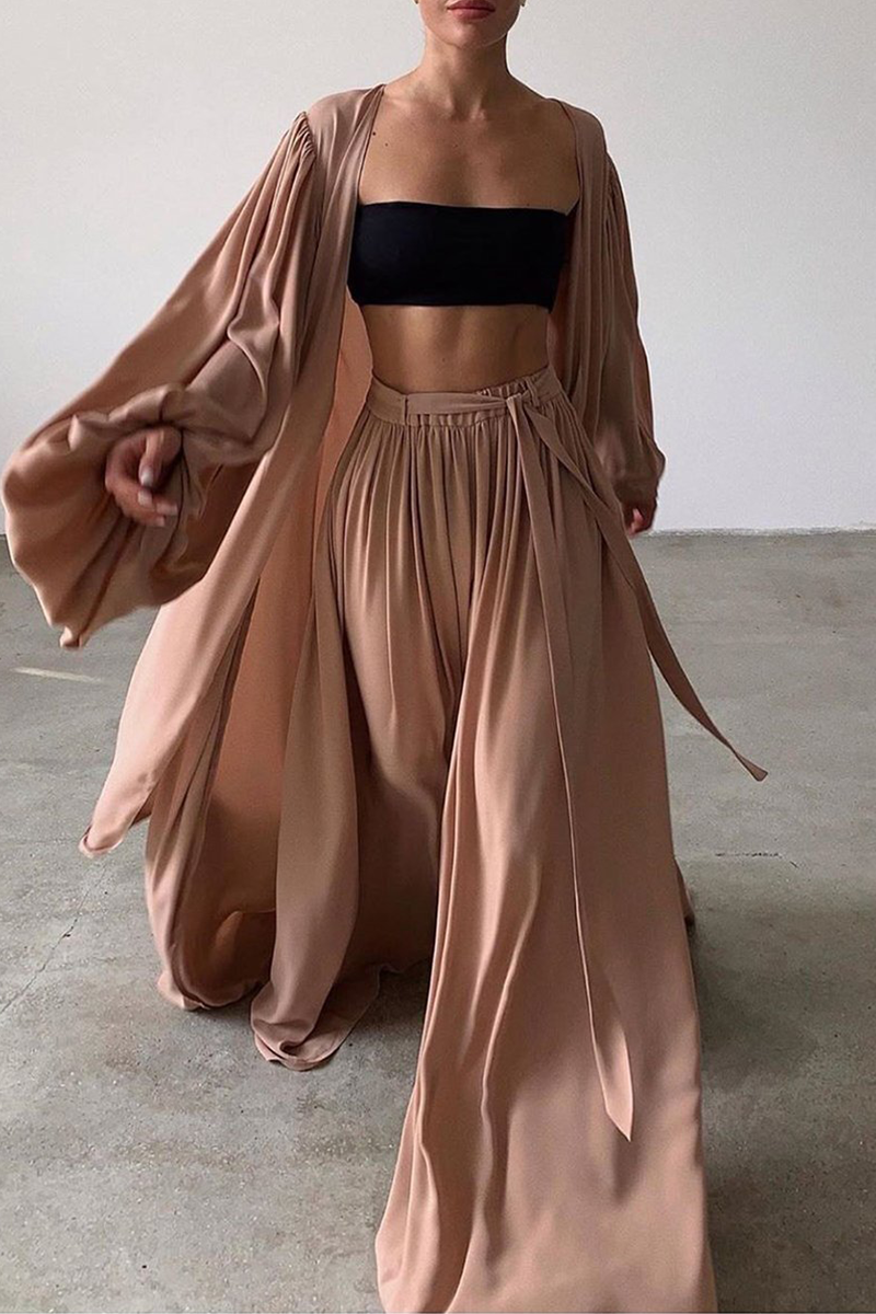 Conjunto de tres piezas informal liso con cinturón, sin tirantes (4 colores)