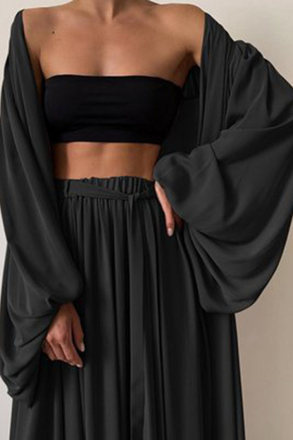 Conjunto de tres piezas informal liso con cinturón, sin tirantes (4 colores)