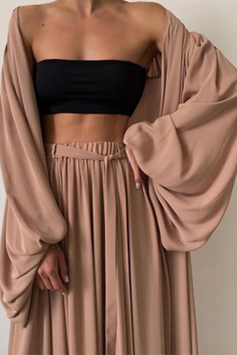 Conjunto de tres piezas informal liso con cinturón, sin tirantes (4 colores)