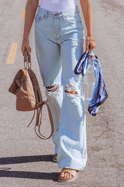 Pantalones de calle lisos, rotos, de cintura media, rectos, con pierna ancha y de color liso (3 colores)