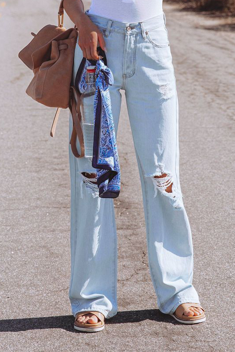 Pantalones de calle lisos, rotos, de cintura media, anchos y rectos (3 colores)