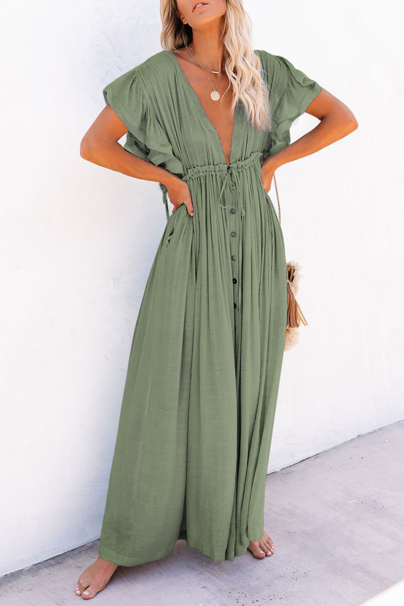 Elegante vestido de corte A con escote en V y hebilla de frenillo sólido (7 colores)