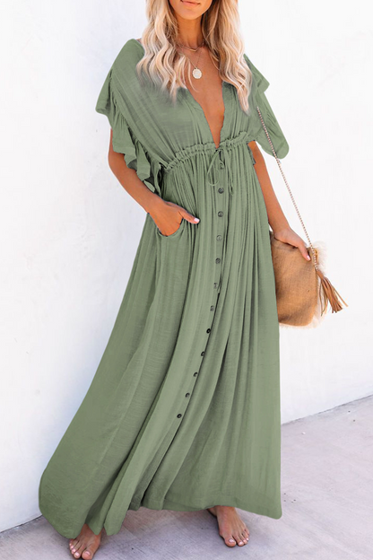 Elegante vestido de corte A con escote en V y hebilla de frenillo sólido (7 colores)