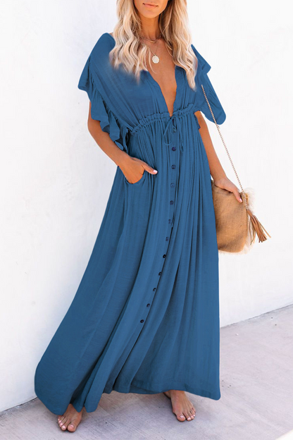 Elegante vestido de corte A con escote en V y hebilla de frenillo sólido (7 colores)