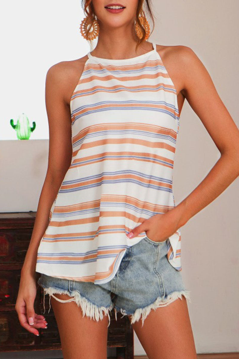 Tops casuales de moda con cuello halter y abertura a rayas