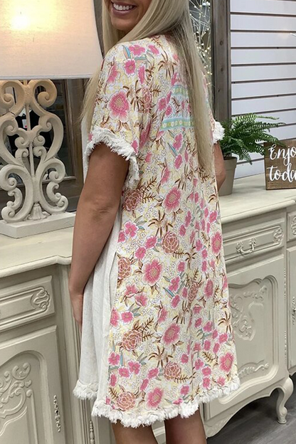 Vestidos casuales con borlas florales y cuello redondo dividido (3 colores)