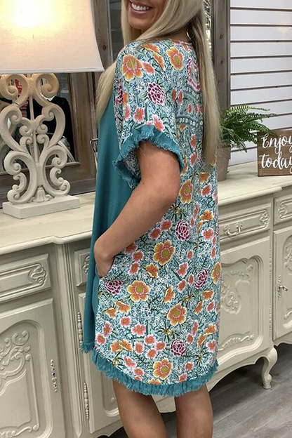 Vestidos casuales con borlas florales y cuello redondo dividido (3 colores)