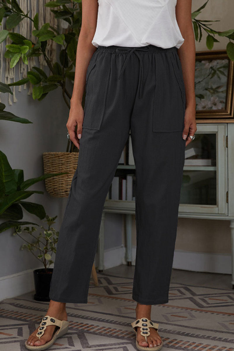 Pantalones rectos de cintura media holgados con bolsillos sólidos casuales de moda