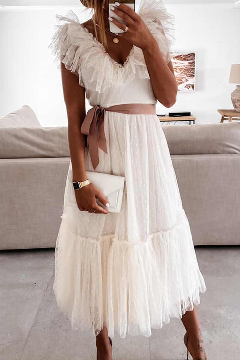 Vestidos elegantes de moda con escote en V, de malla, lisos y con cinturón.